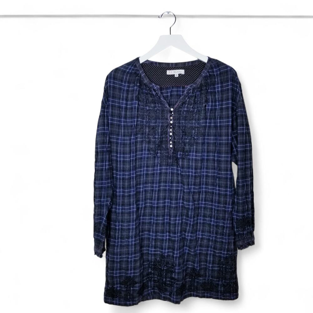 3J Workshop JOHNNY WAS Embroidered Plaid Rough Hem Boho Tunic Shirt - Small